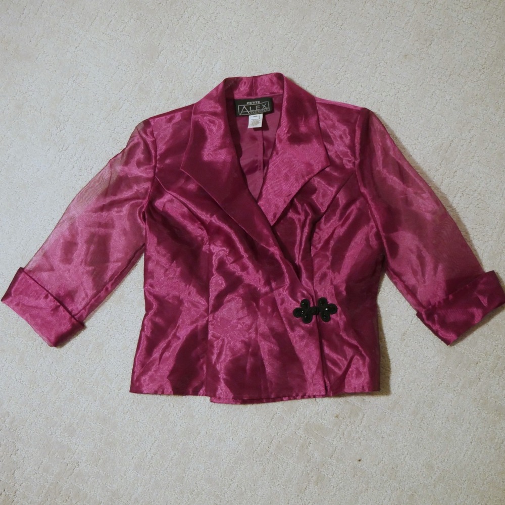 Alex Evenings Petite Magenta Pink Sheer Sleeve Evening Jacket Frog Closure MP